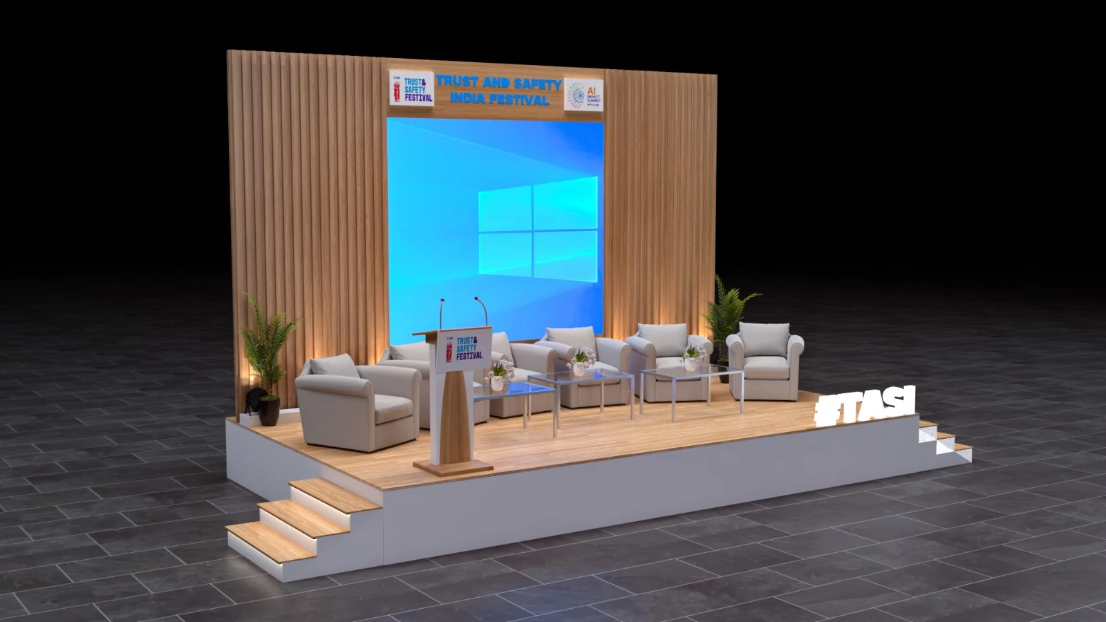 Lounge and stage layout displaying event branding opportunities
